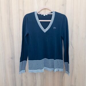 Lacoste Womens Sweater Size 36 Navy Striped V-Neck Preppy Nautical Old Money